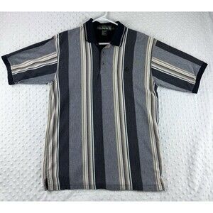 Vintage Knights of Round Table Mens L Polo Short Sleeve Striped Shirt Black Tan